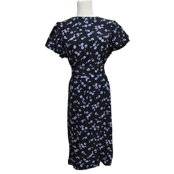 Vintage 80 90s Whimsigoth Cottage Purple Floral Silk Flutter Sleeve Midi Dress 6 - Picture 1 of 12
